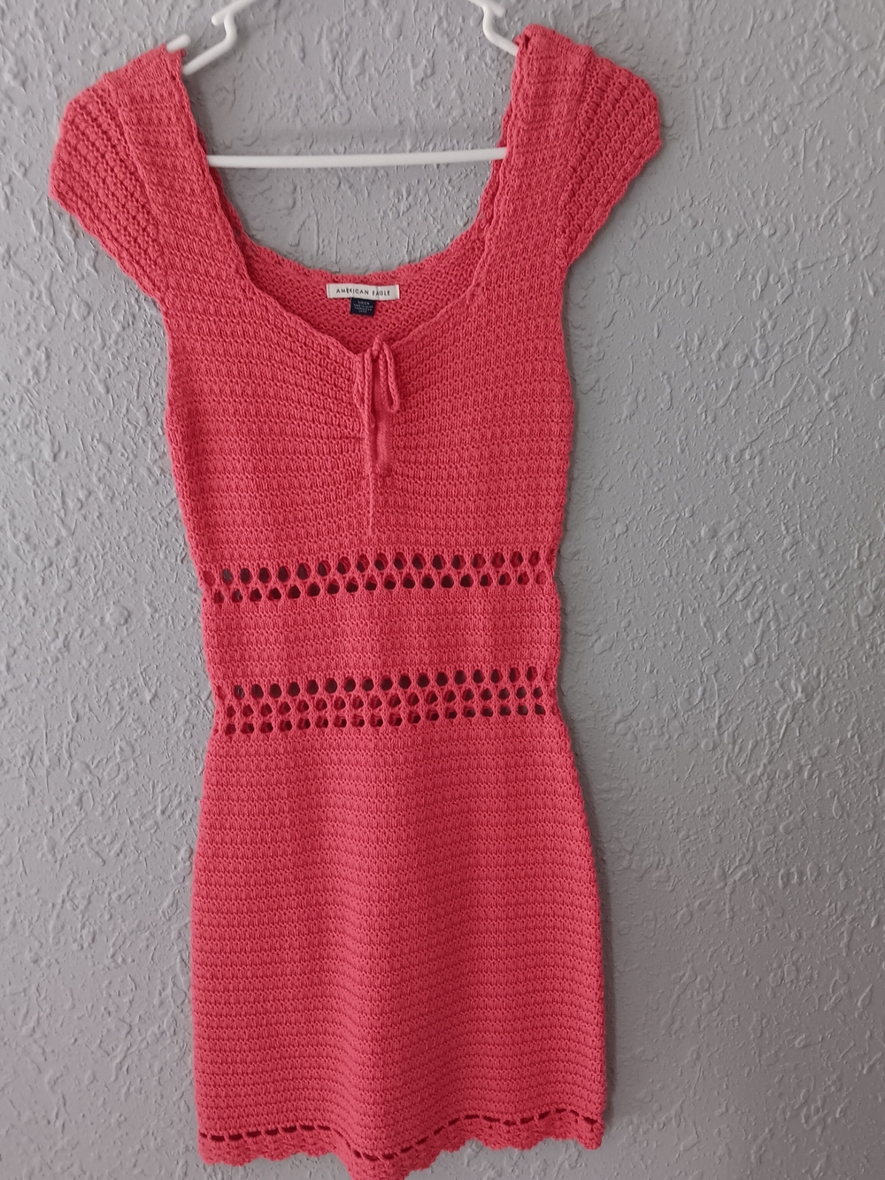 American Eagle Outfitters Coral Pink Crochet Tie-Front Mini Dress